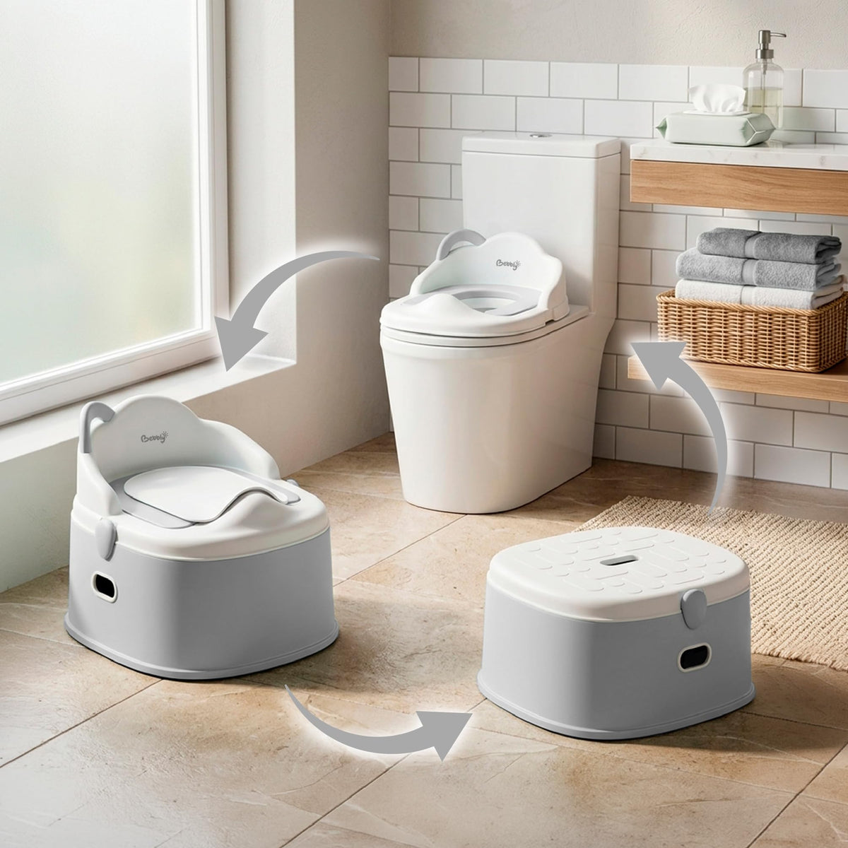 BEBBLY Bañito Entrenador Infantil 3 en 1, Bacinica, Asiento Reductor y Banco con Almacenamiento Antiderrapante para Niños de 6 Meses a 3 Años, Fácil de Limpiar, para Aprender a ir al Baño (Gris)