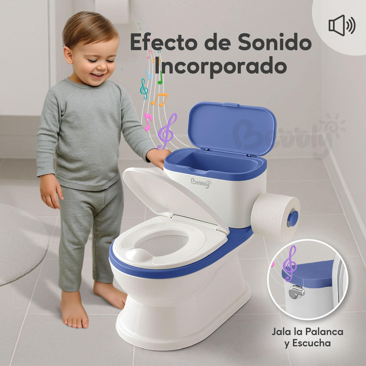 BEBBLY Bañito Entrenador Infantil con Sonido Musical Portarrollo y Almacenamiento Asiento Antiderrapante para Niños y Niñas de 6 Meses a 3 Años Fácil de Limpiar Ideal para Aprender a Ir al Baño (Azul)