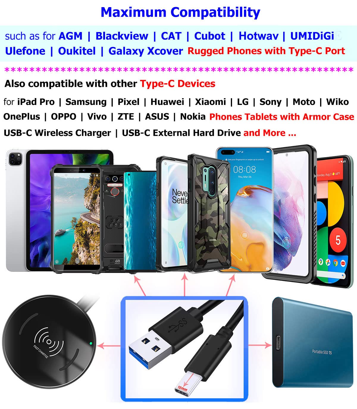 2M Cable de Carga Rápida USB Tipo C para Blackview BL6000 Pro / BV5100 BV5900 BV6100 BV6300 BV6900 BV9000 BV9100 BV9500 Plus BV9600 BV9600E BV9700 BV9800 BV9900E BV9900 Pro IP68/69K Movil Resistente