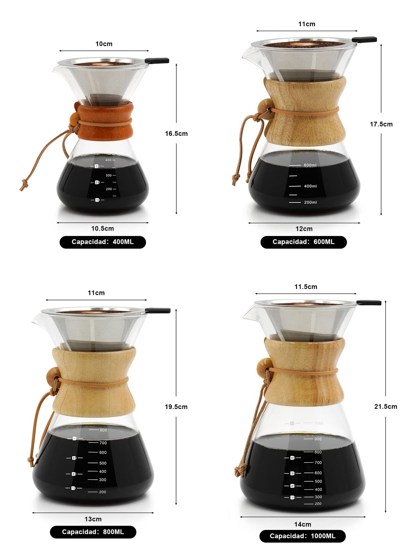 Cafetera de Vidrio Reutilizable 600ML Filtro Acero Inoxidable 304 Para Goteo Manual