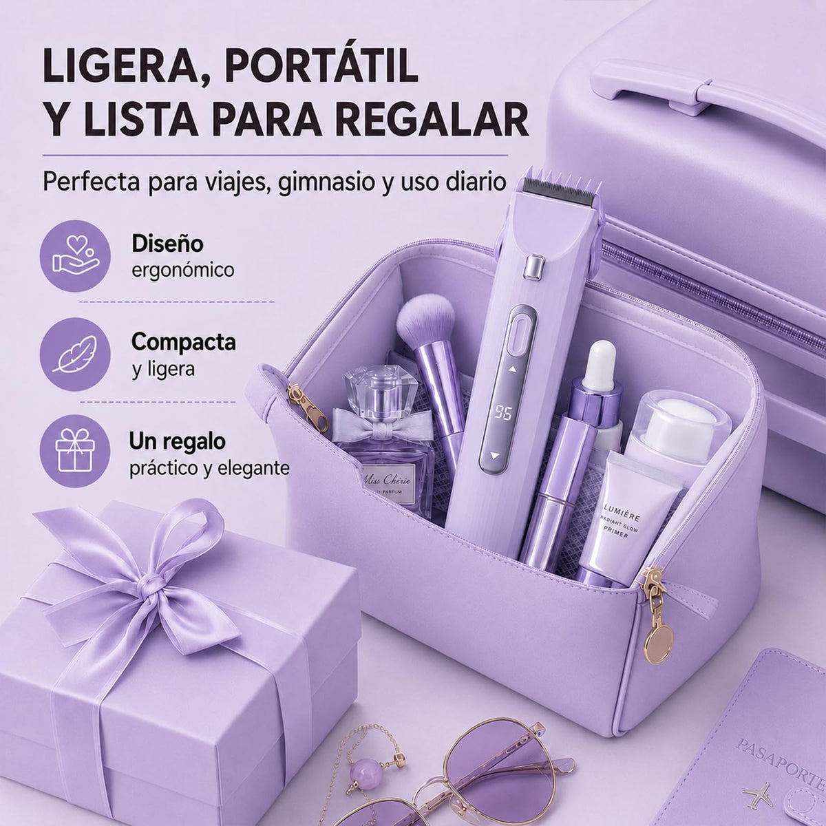 2 En 1 Maquina para depilar mujer, rasuradora eléctrica mujers, con Luces Auxiliares, Doble Cabezal | Recargable Type-C e IPX7, para Bikini Facial Brazos Axilas (Morado)