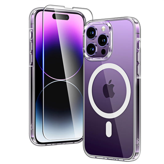TAURI Funda Magnética para iPhone 14 Pro MAX 6.7" con Protector de Pantalla Vidrio Templado, Compatible con MagSafe, [No se Amarillea] Protección Según la Norma Militar Carcasa - Transparente