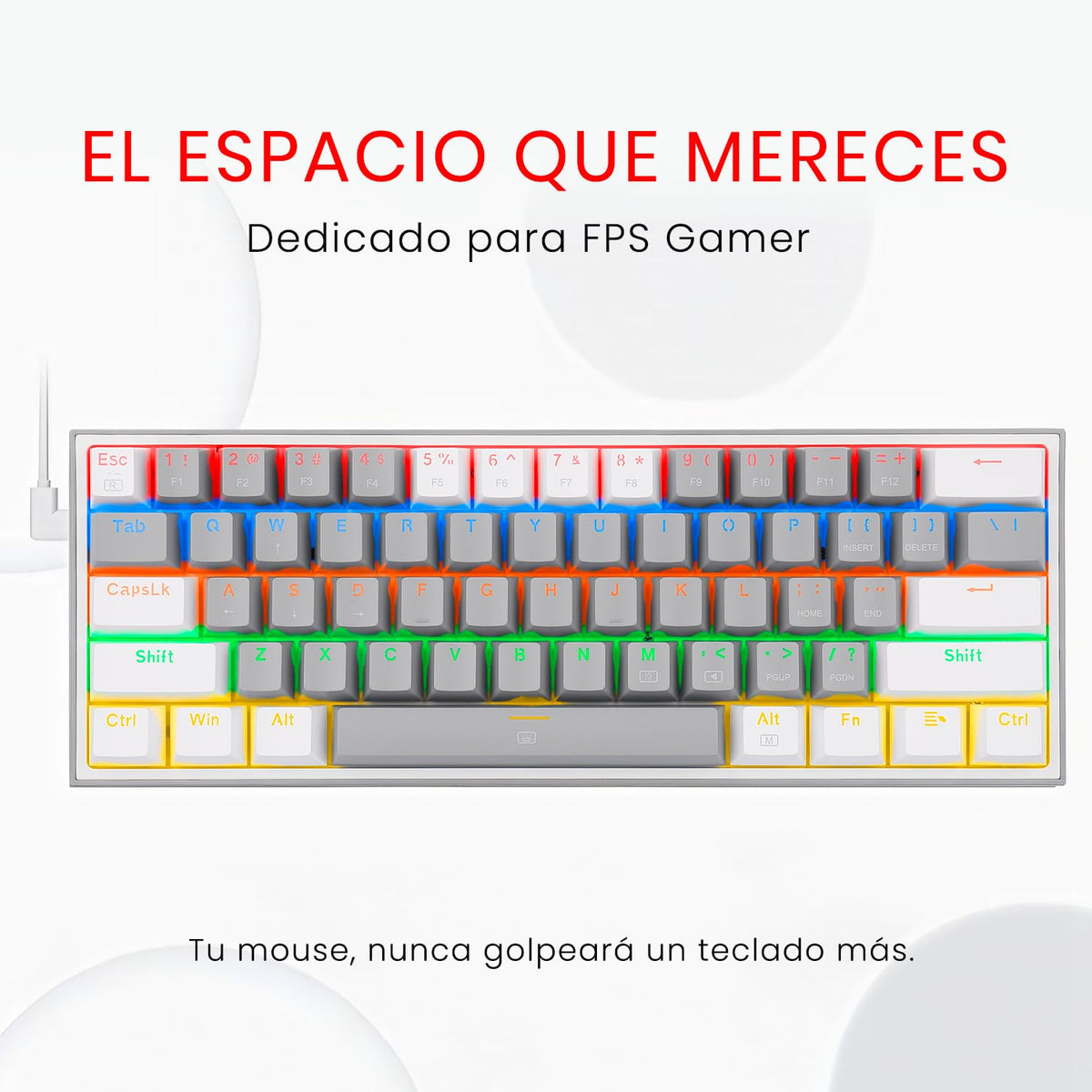 Teclado Mecánico Redragon Gamer Rainbow Gris Blanco con Switches Blue para Pc