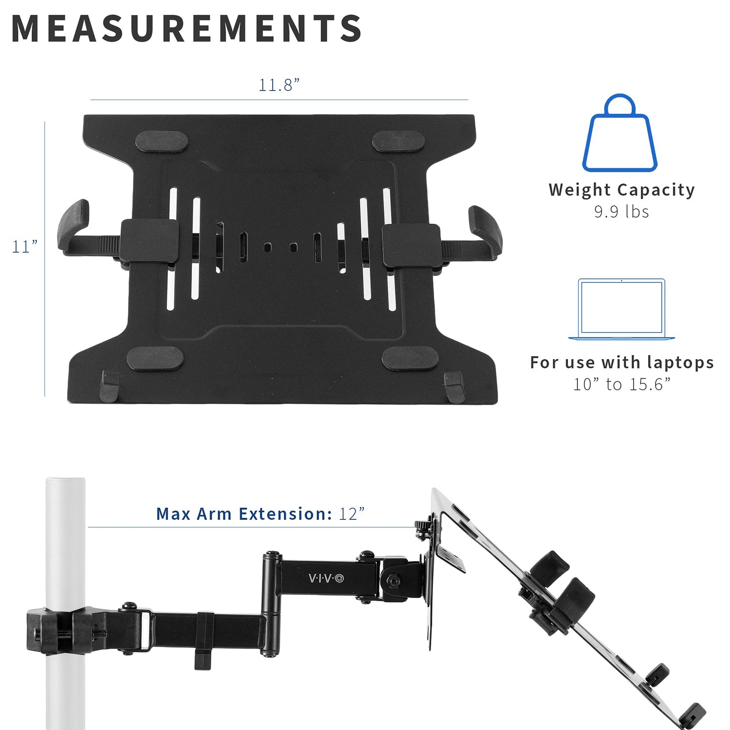 Brazo Universal de Acero VIVO Negro con Placa VESA Extraíble para Portátiles de 10 a 40 cm