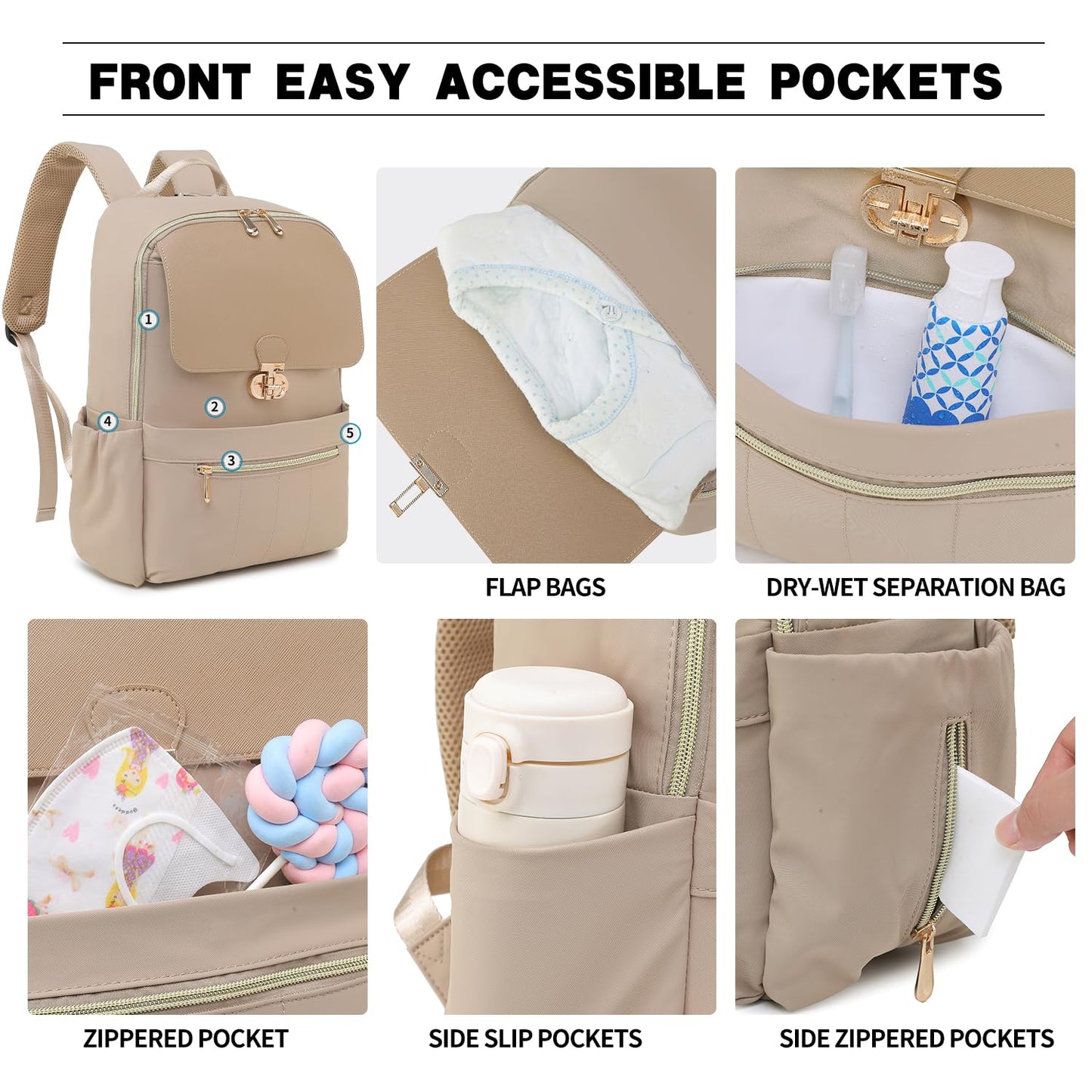 LELLIE - Bolsa de pañales para bebé, mochila para portátil para mujer, bolsa de bebé con bolsillos aislados, mochila de viaje (café topo)