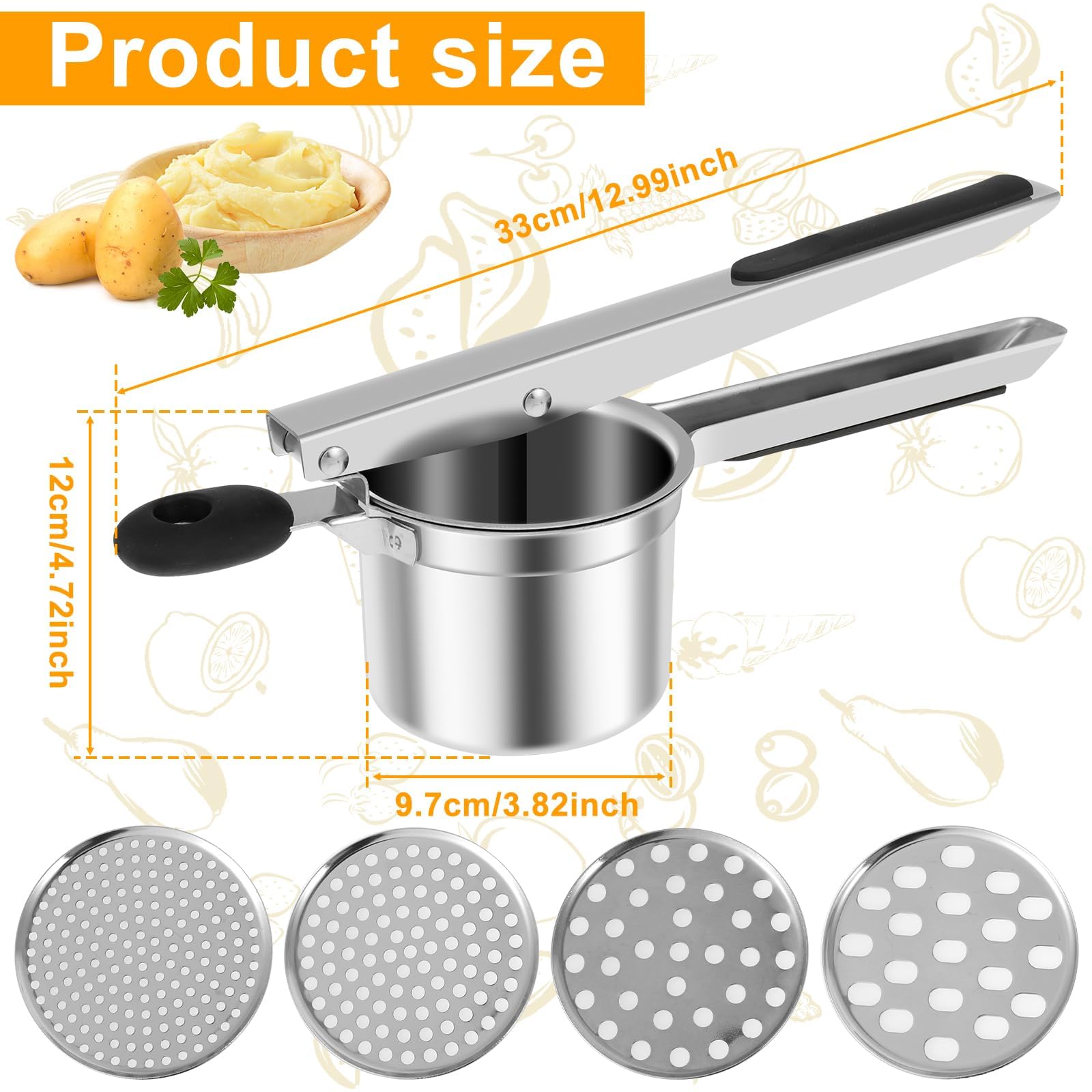 Kzings Aplastador de Papas Acero Inoxidable, con 4 Discos Intercambiables, Mango Ergonómico, Picador De Papas Y Frutas,Para Cocina En Casa