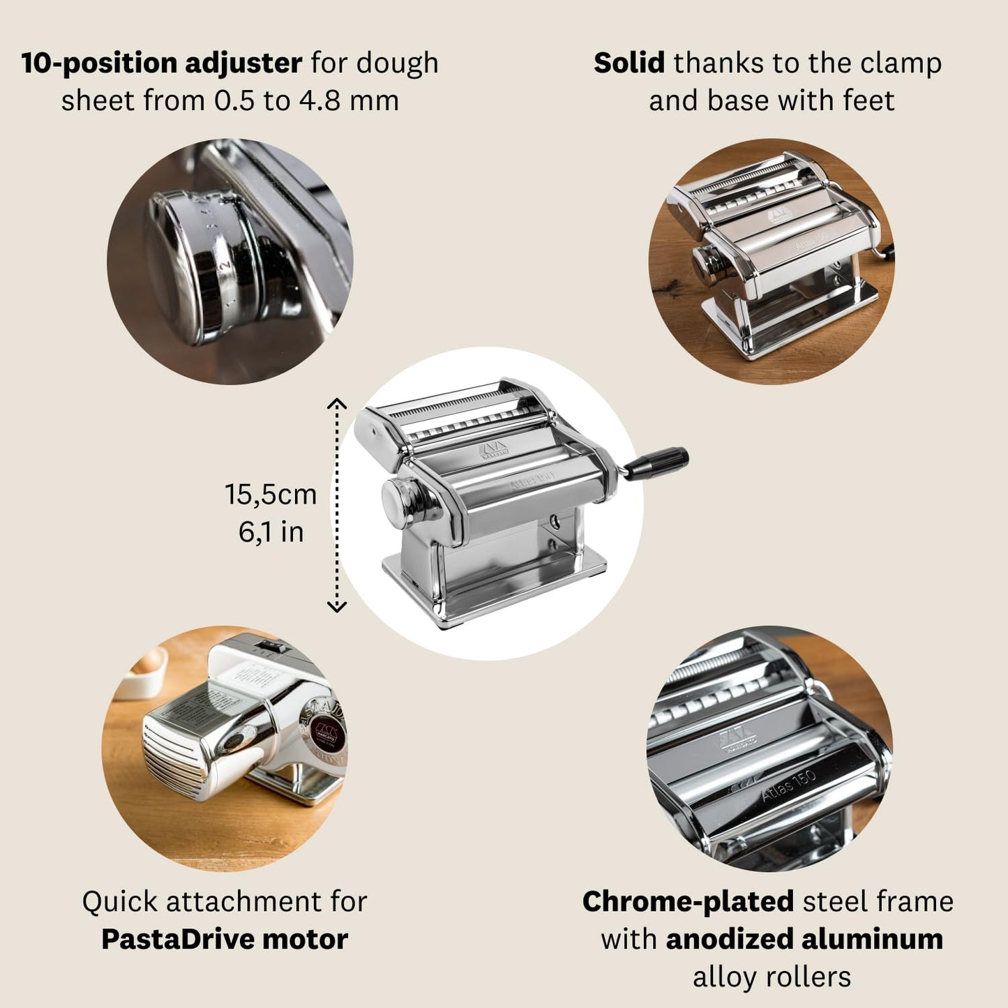 MARCATO Made in Italy Multipast Juego de 4 piezas para hacer pasta Incluye máquina de pasta clásica Atlas 150 + raviolis + espaguetis + reginette)