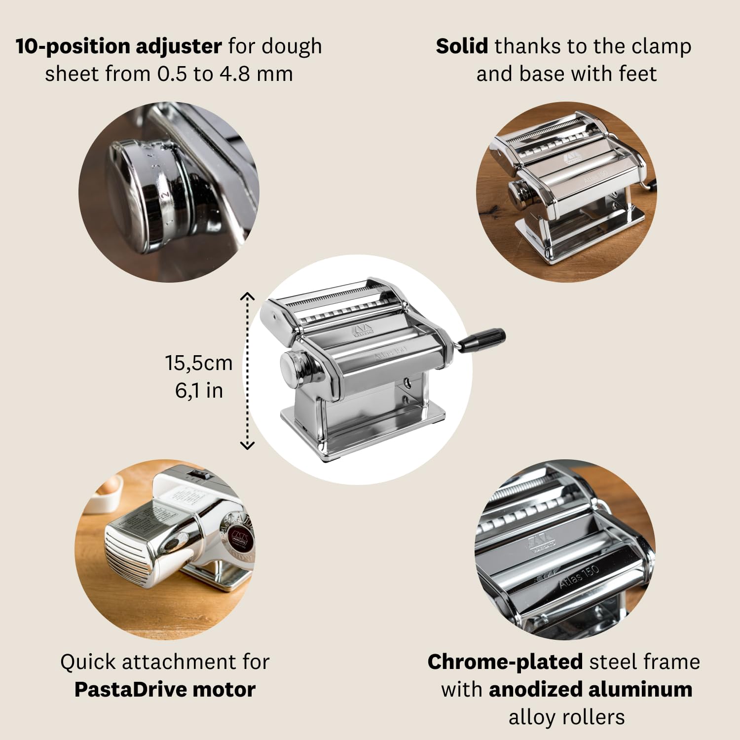 MARCATO Made in Italy Multipast Juego de 4 piezas para hacer pasta Incluye máquina de pasta clásica Atlas 150 + raviolis + espaguetis + reginette)