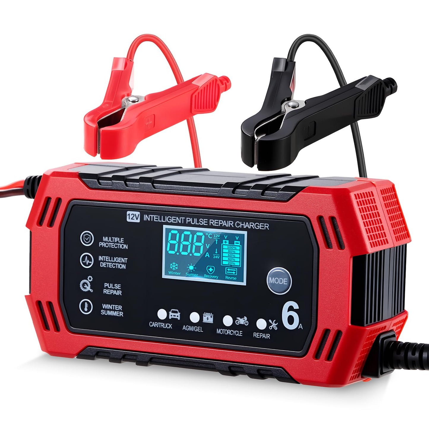 HUSEYTA Cargador de Bateria de Auto 12V 6A,Adecuado para Coches, Motos y SUV,con LCD Pantalla Pantalla,Múltiples Protecciones, Regulación de Corriente Inteligente para Cargar y Proteger la batería.
