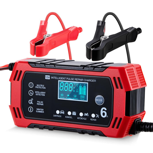 HUSEYTA Cargador de Bateria de Auto 12V 6A,Adecuado para Coches, Motos y SUV,con LCD Pantalla Pantalla,Múltiples Protecciones, Regulación de Corriente Inteligente para Cargar y Proteger la batería.