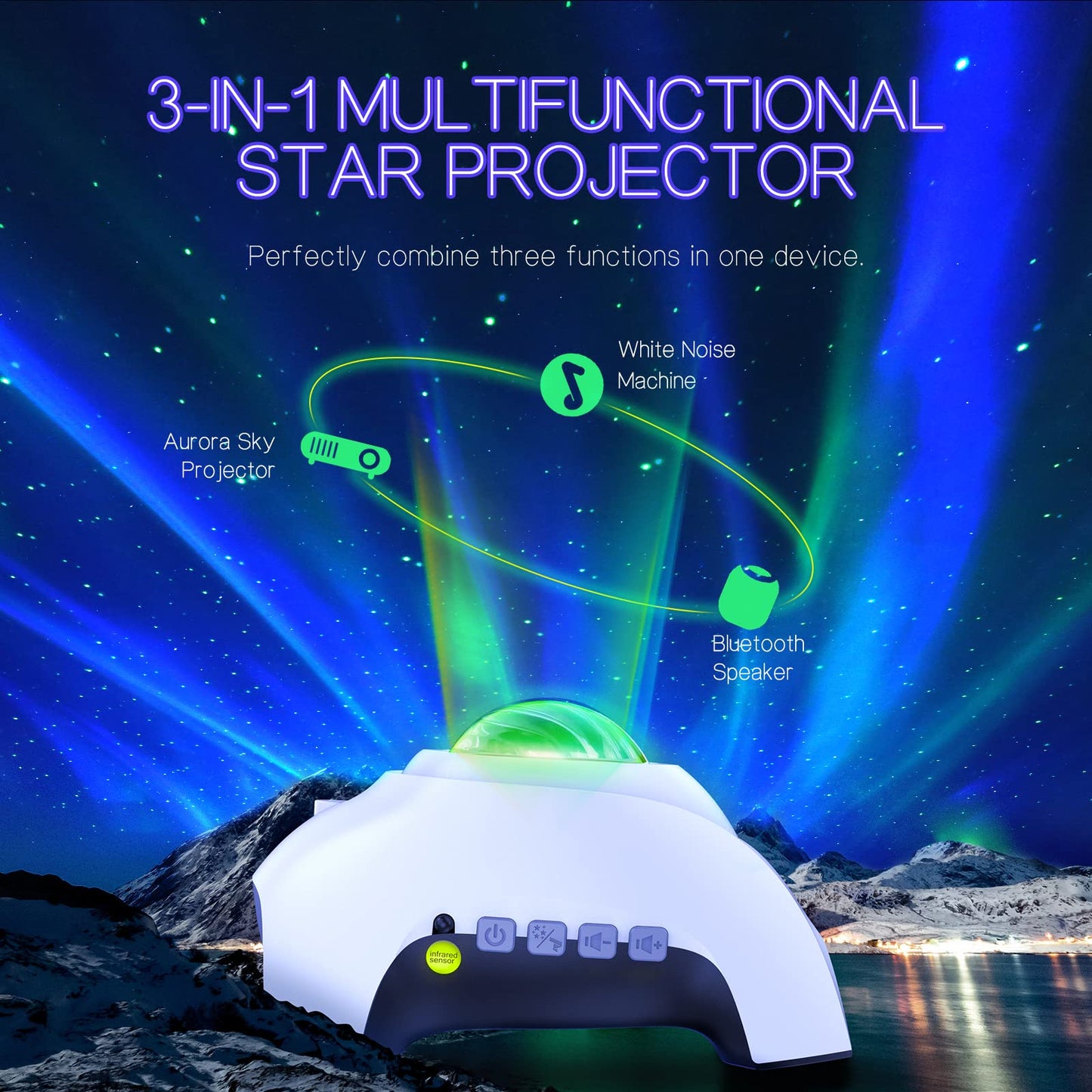 HODANS Northern Galaxy Light Aurora Proyector Con 33 Efectos De Luz, Luces Nocturnas Proyector De Estrellas Led Para Lámpara De Nebulosa De Dormitorio, Control Remoto, Ruidos Blancos, Altavoz Bluetoot