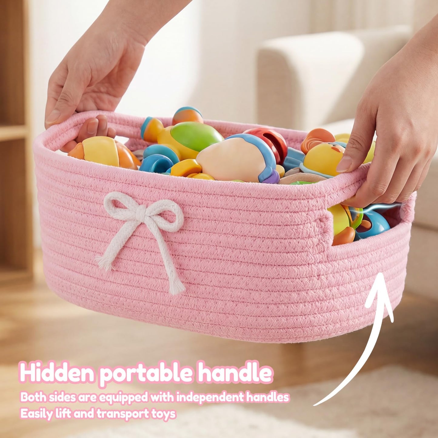 XYTZHSAI 3 cestas de lazo rosado, cestas de almacenamiento de cuerda de algodón tela coqueta con asas, bonita cinta decorativa para ropa de bebé, estante, maquillaje, pañales, organizador de anidación