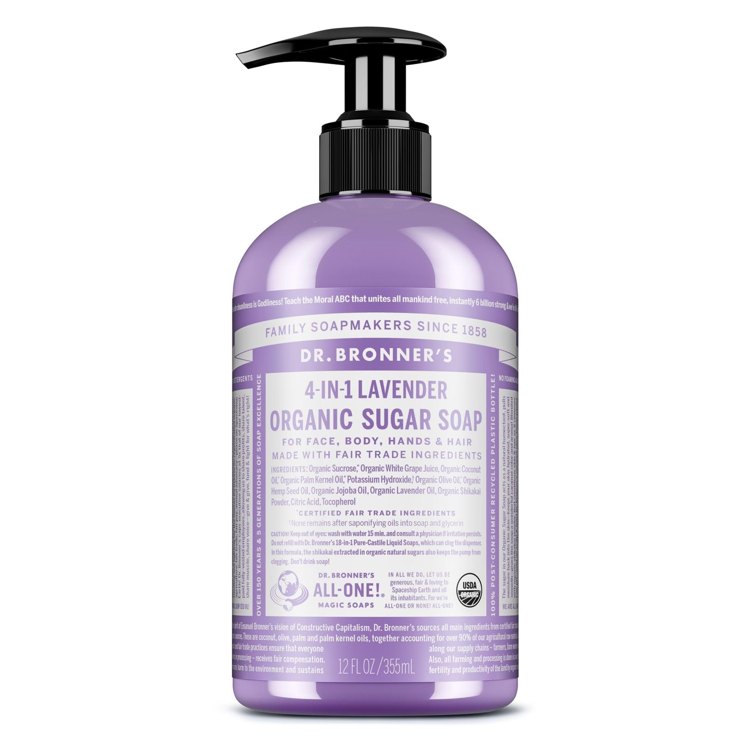 Dr. Bronner's | Jabón de azúcar orgánico líquido, fórmula hidratante y vegana para manos, cuerpo y rostro - Lavanda, 355 ml