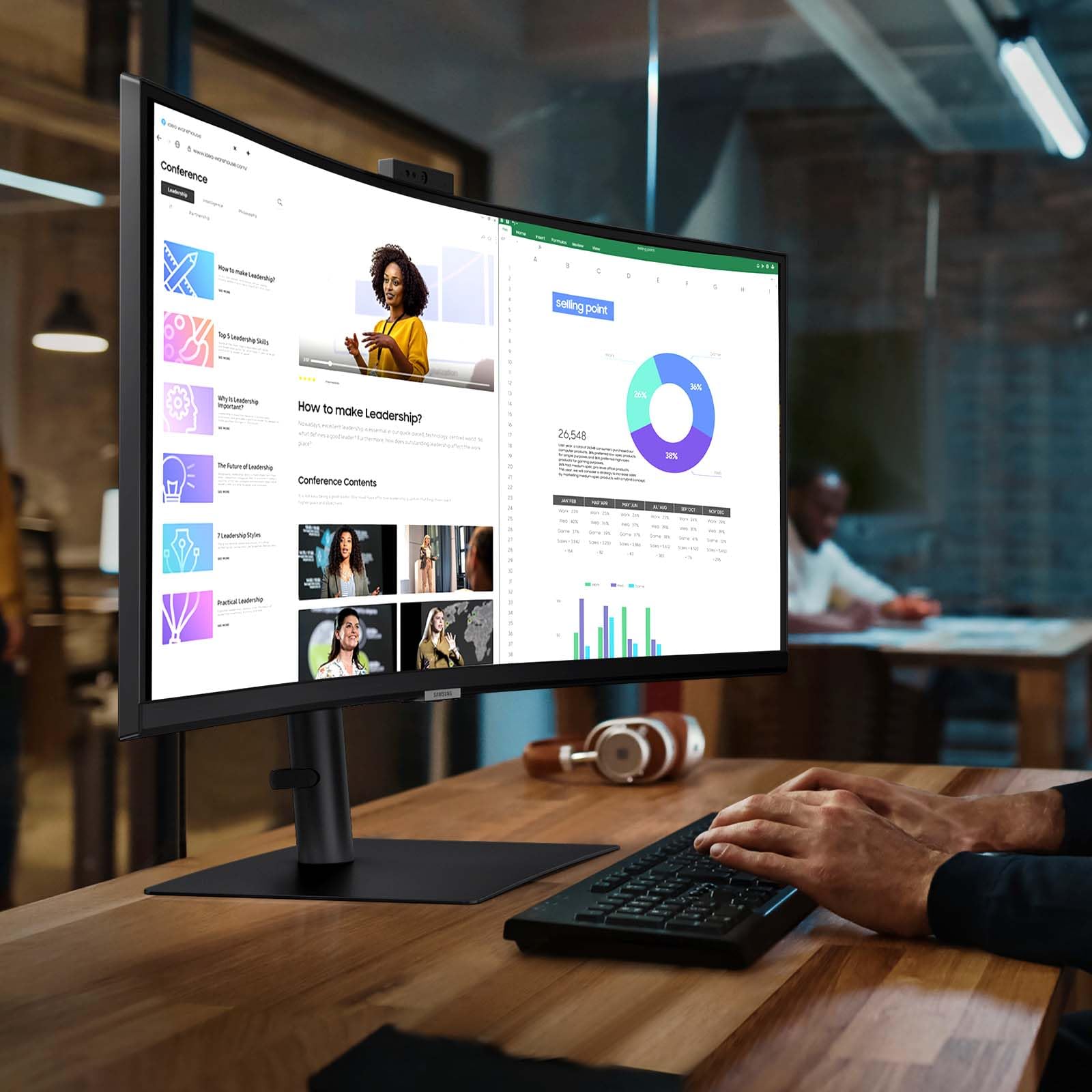 SAMSUNG Monitor de computadora curvado ViewFinity S65VC Series Ultra-WQHD de 34 pulgadas, 100Hz, AMD FreeSync, HDR10, USB-C, altavoz incorporado, cámara, interruptor KVM, cuidado de los ojos, embalaje