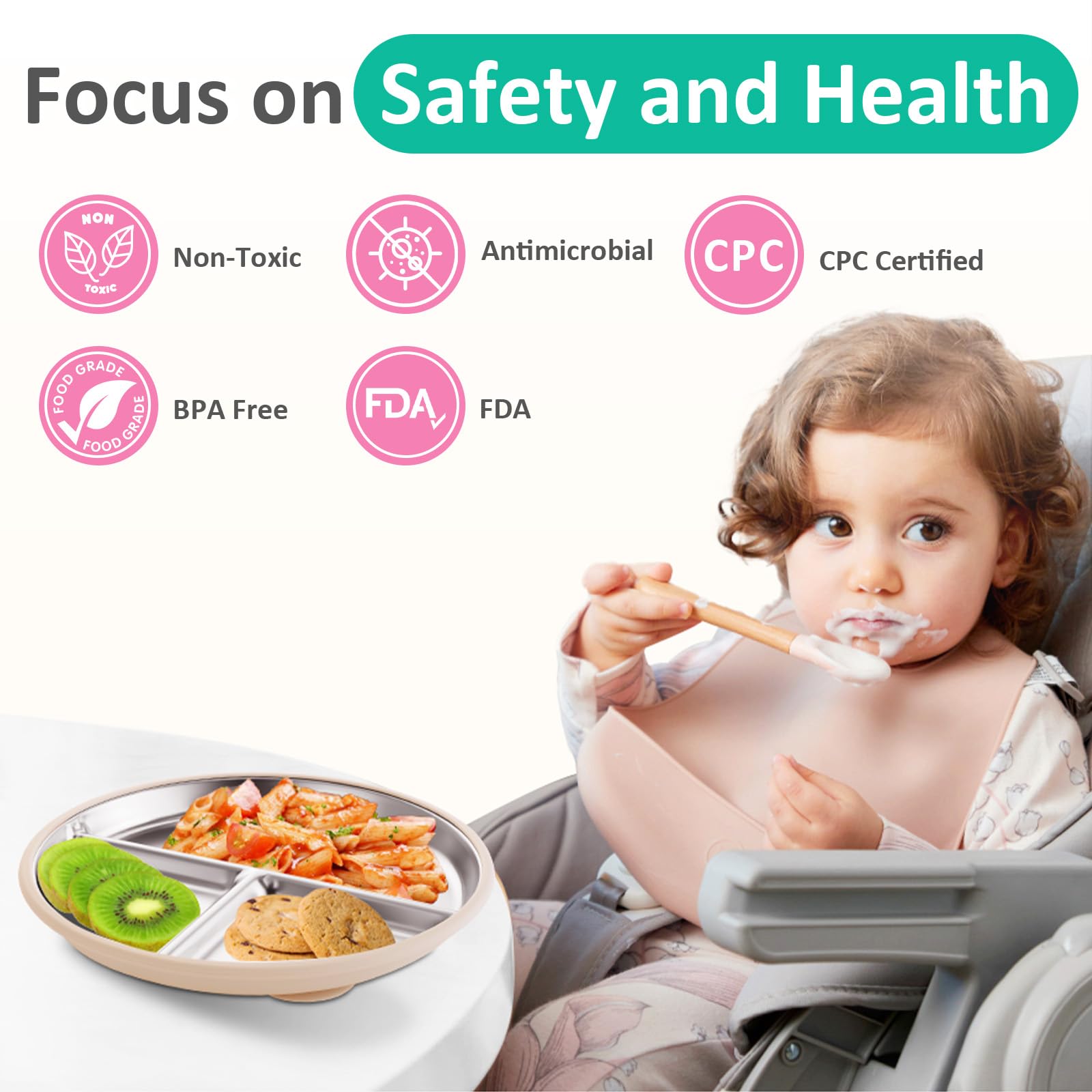 Bakpoco - Plato para bebé de acero inoxidable con succión, platos divididos de 9 pulgadas con mangas de silicona extraíbles para niños, no tóxico, antideslizante, irrompible, apto para lavaplatos,