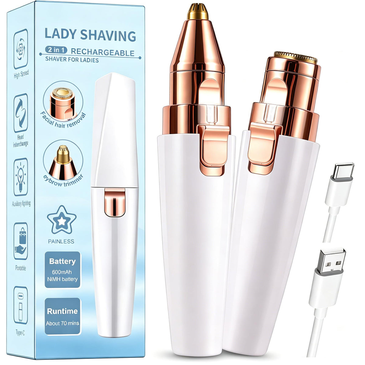 Removedor de pelo facial para mujer: dispositivo eléctrico 2 en 1 para barbilla y labios superiores + recortador de cejas recargable con luz incorporada