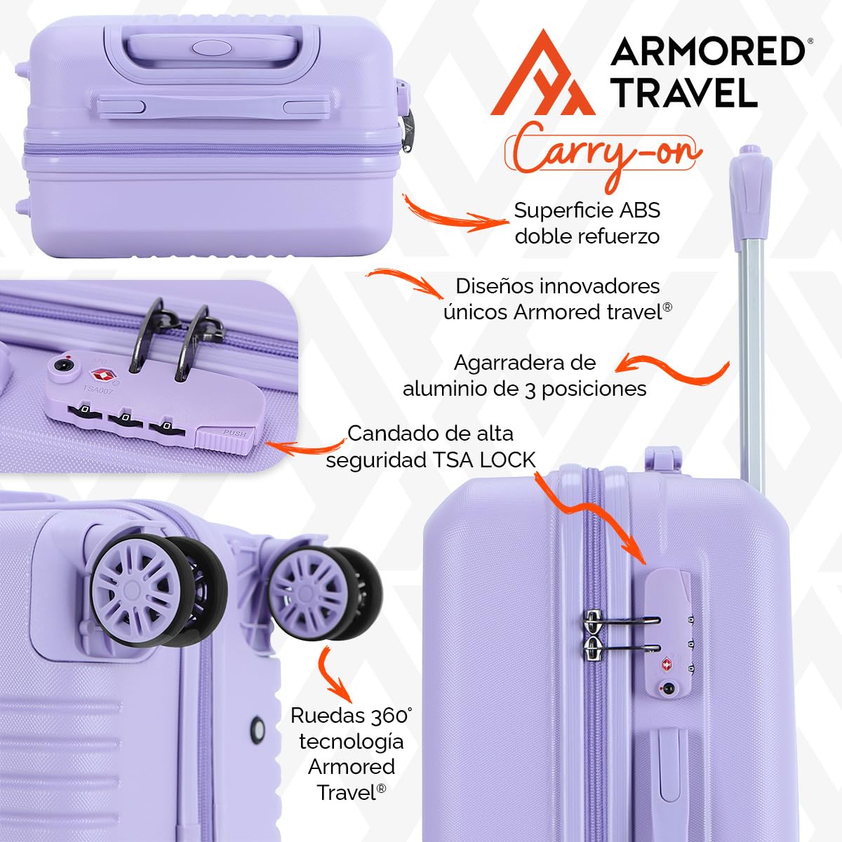 Maleta De Viaje Carry On 20" de Mano Cabina 10kg Rígida Doble Refuerzo Con * TSA Lock * Luggage suitcase Armored Travel (Lila)