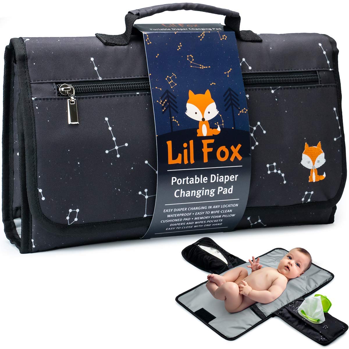Cambiador portátil de pañales de Lil Fox - Cambiador de pañales de una mano para bolso de pañales de bebé o mesa de cambio. Regalos unisex para baby shower, artículos esenciales para recién nacidos