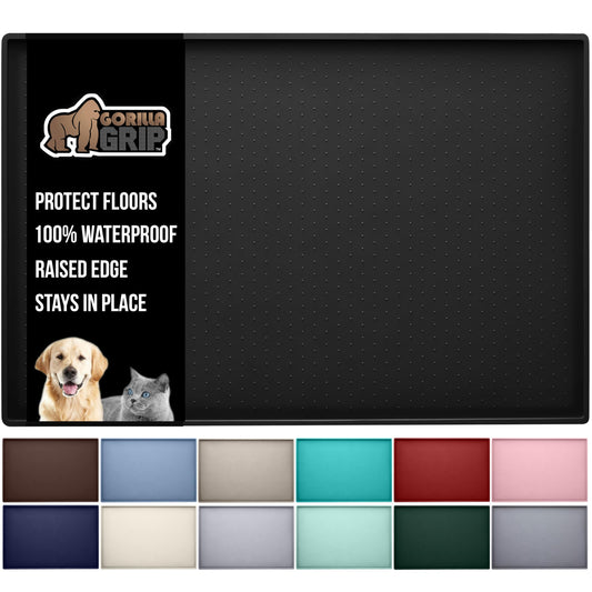Gorilla Grip 100% Impermeable con Borde Elevado, Alfombrilla de alimentación de Silicona para Mascotas, sin BPA, Las Alfombrillas para Comida para Perros y Gatos contienen derrames, 16x10, Black