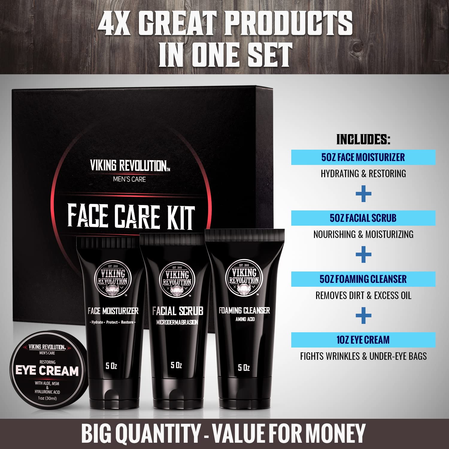 Viking Revolution- Kit de cuidado facial para hombres: incluye humectante facial rejuvenecedor (5 oz) y microdermoabrasión facial