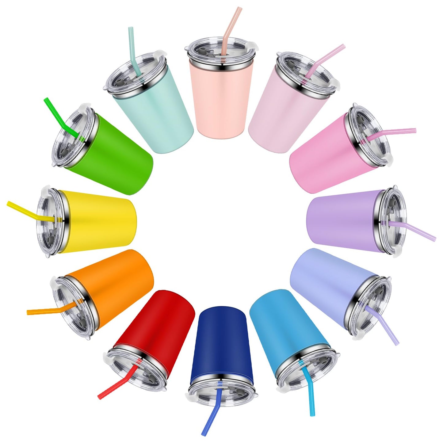Rommeka Paquete de 12 Vasos para Niños a Prueba de Derrames, Vaso Sippy de Acero Inoxidable de 12oz con Pajitas y Tapas, Vaso de Agua con Fundas de Silicona Coloridas para Niños y Adultos