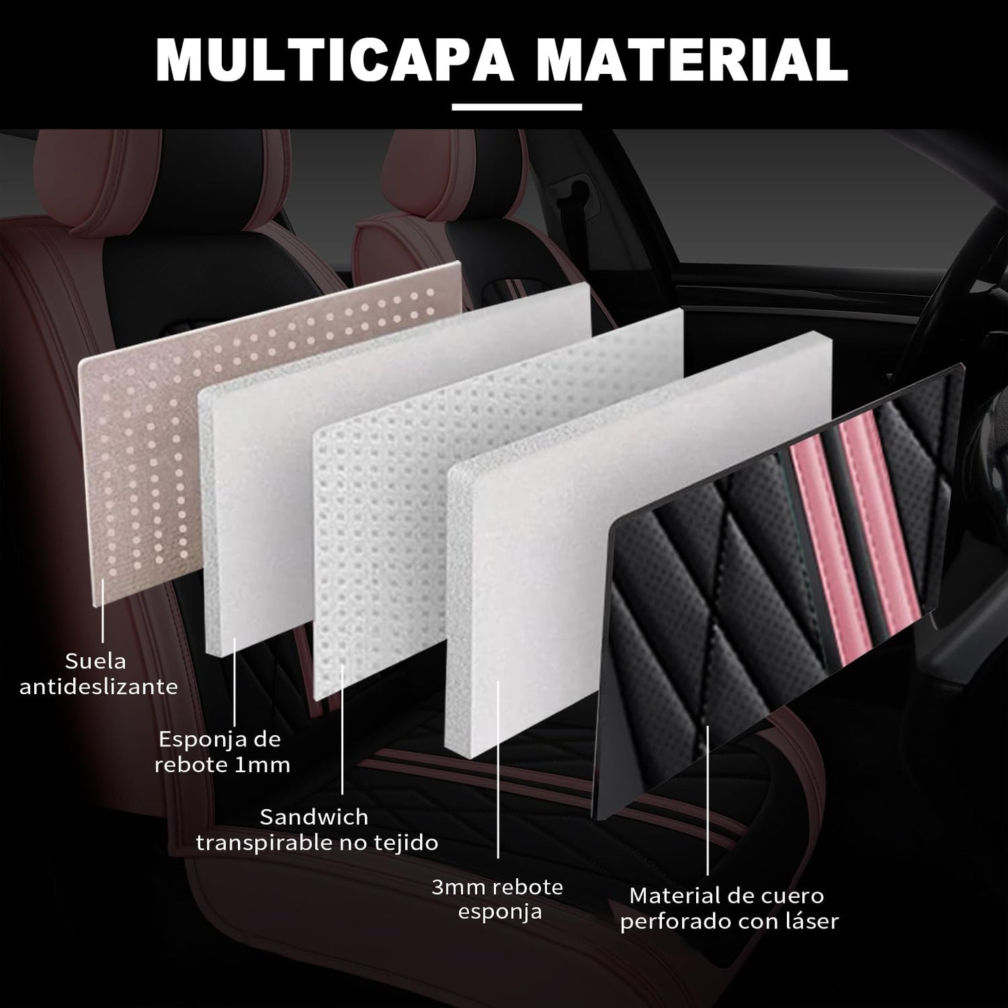 OFFCEI Fundas para Asientos de Cuero Impermeable y Lavable, Universal para Coches Medianos/Pequeños de 5 Plazas/SUV (Negro y Rosa)