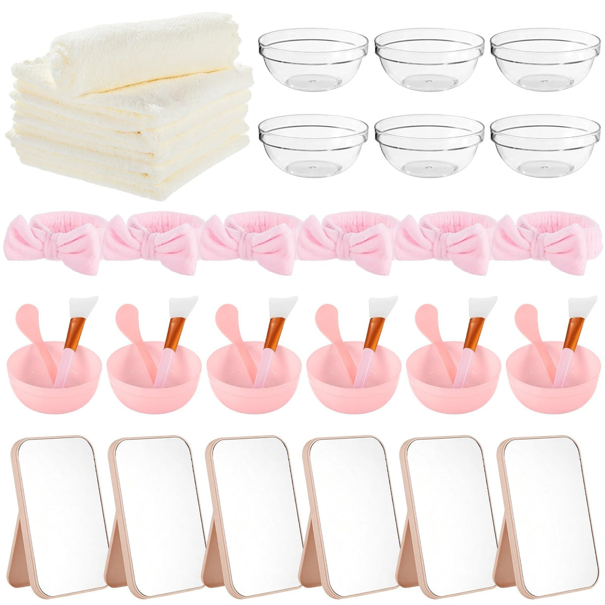 Lnrueg 6 juegos de suministros de fiesta de spa rosa para mujeres, tazón de máscara facial con cepillo para polvo de espátula, toalla para la diadema y espejo plegable, kit de spa para fiesta de