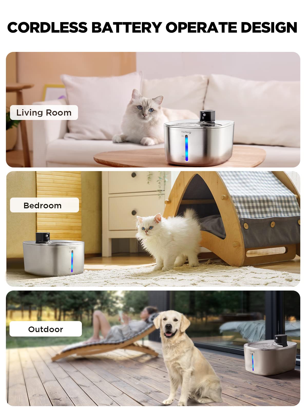 Fuente de Agua FEELNEEDY Acero Inoxidable inalámbrica con Sensor de Movimiento para Gatos y Perros