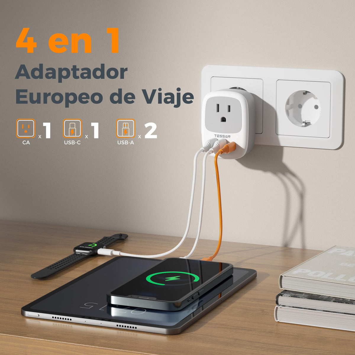 Adaptador Europeo TESSAN Blanco 15W Cargador Tipo C Carga Rápida 2 Unidades