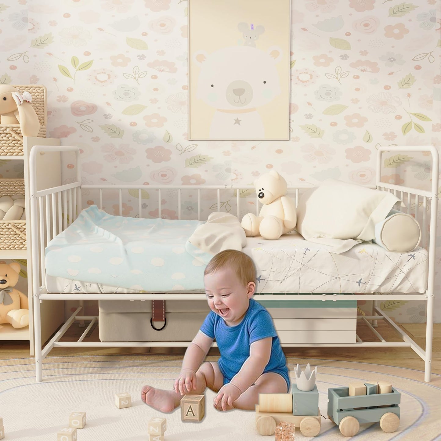 Uzelia Cuna Convertible para Bebé 4 en 1, Cuna para Bebé de Metal con Barandales de Seguridad, Cama Infantil, Daybed y Sofá para Niños, Estructura Resistente con Almacenamiento Inferior, Blanco