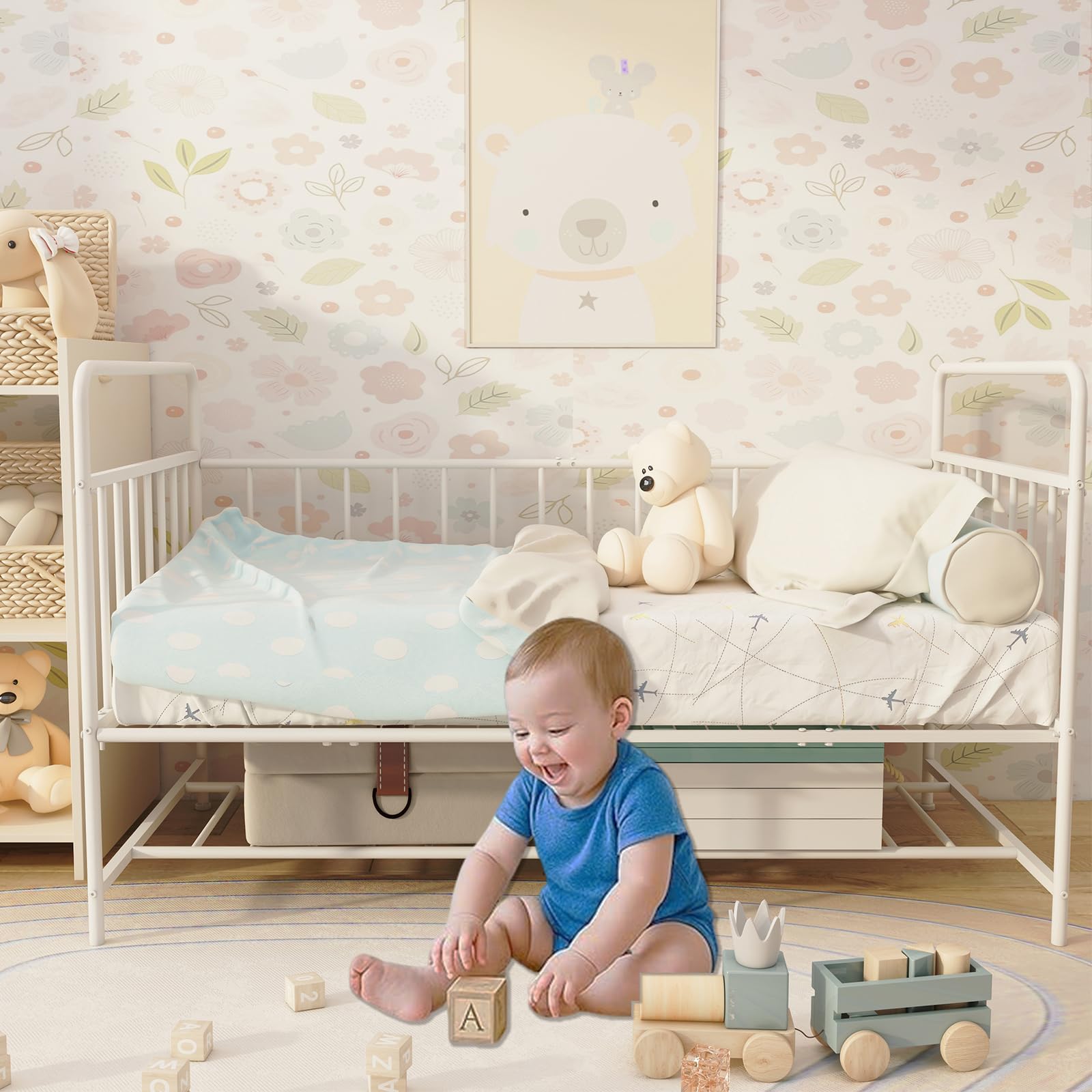 Uzelia Cuna Convertible para Bebé 4 en 1, Cuna para Bebé de Metal con Barandales de Seguridad, Cama Infantil, Daybed y Sofá para Niños, Estructura Resistente con Almacenamiento Inferior, Blanco