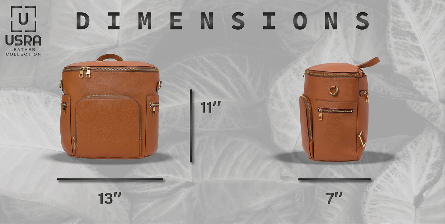 USRA - Bolsa de pañales de piel auténtica, mochila para mamás, organizador de bolsa de maternidad funcional de calidad duradera, Marrón, Large, Piel auténtica