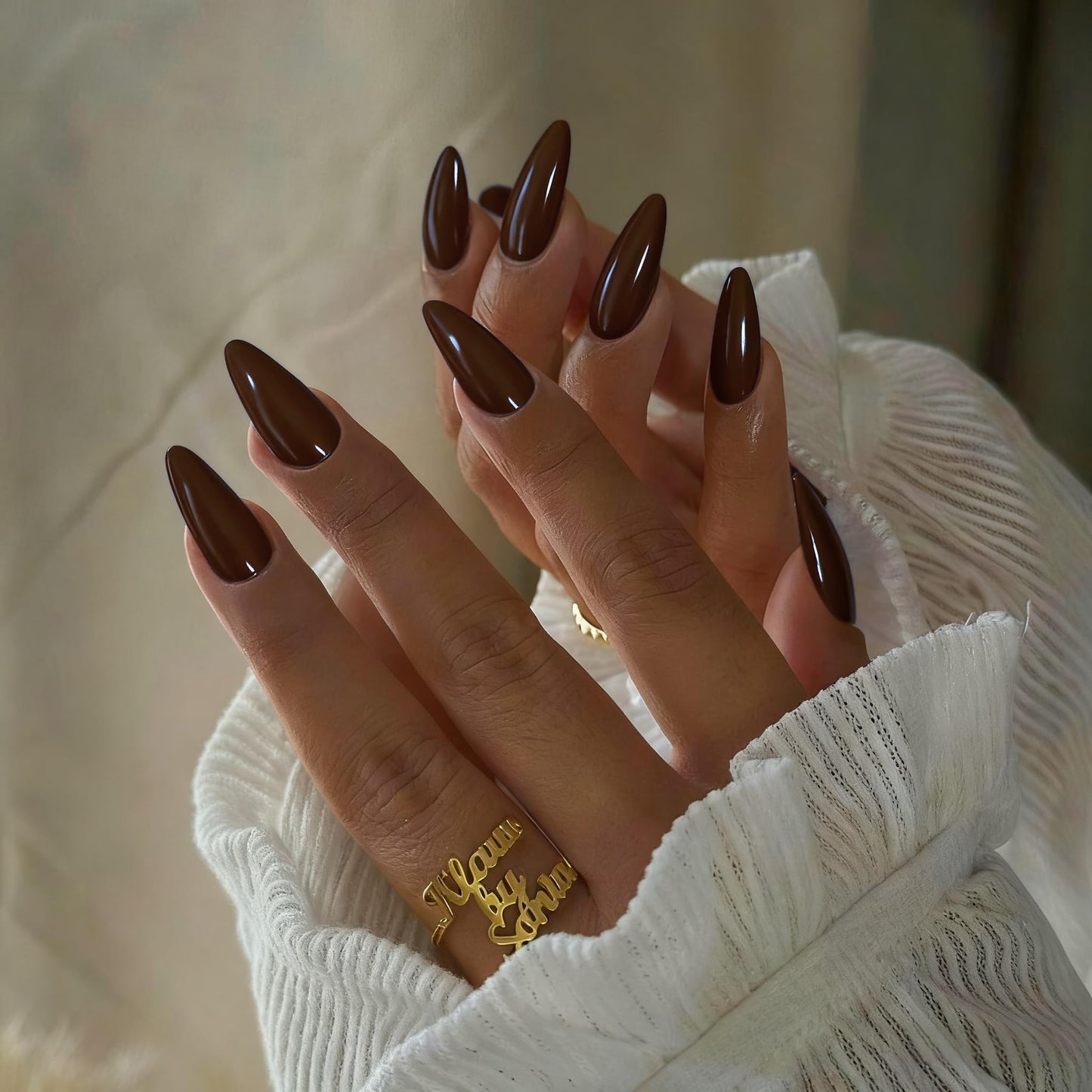 SXVME Uñas postizas de color marrón cromado, almendradas, esmaltadas, con purpurina brillante, acrílicas, reutilizables, con pegamento, para mujer, 24 unidades