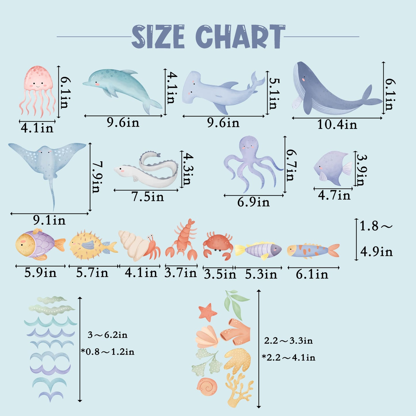 Calcomanía de pared de animales del océano, calcomanías de animales del mundo del mar, vinilo submarino del cuarto de bebé, decoración náutica del cuarto de bebé, pulpo de tortuga de ballena, caballo de mar coral, pelar y pegar (decoración de mar)