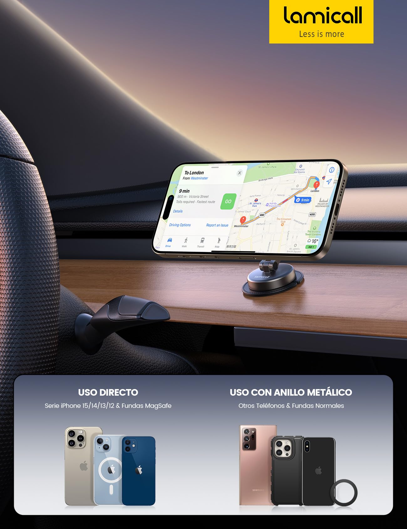 Lamicall Soporte mag Safe para Auto - [Todo Metal] [Base Rotación 360° & Flexible con Tres Ejes] Soporte Celular Automovil Salpicadero, Porta Celular para Auto para iPhone 16, 15, 14, 13 &All Phones