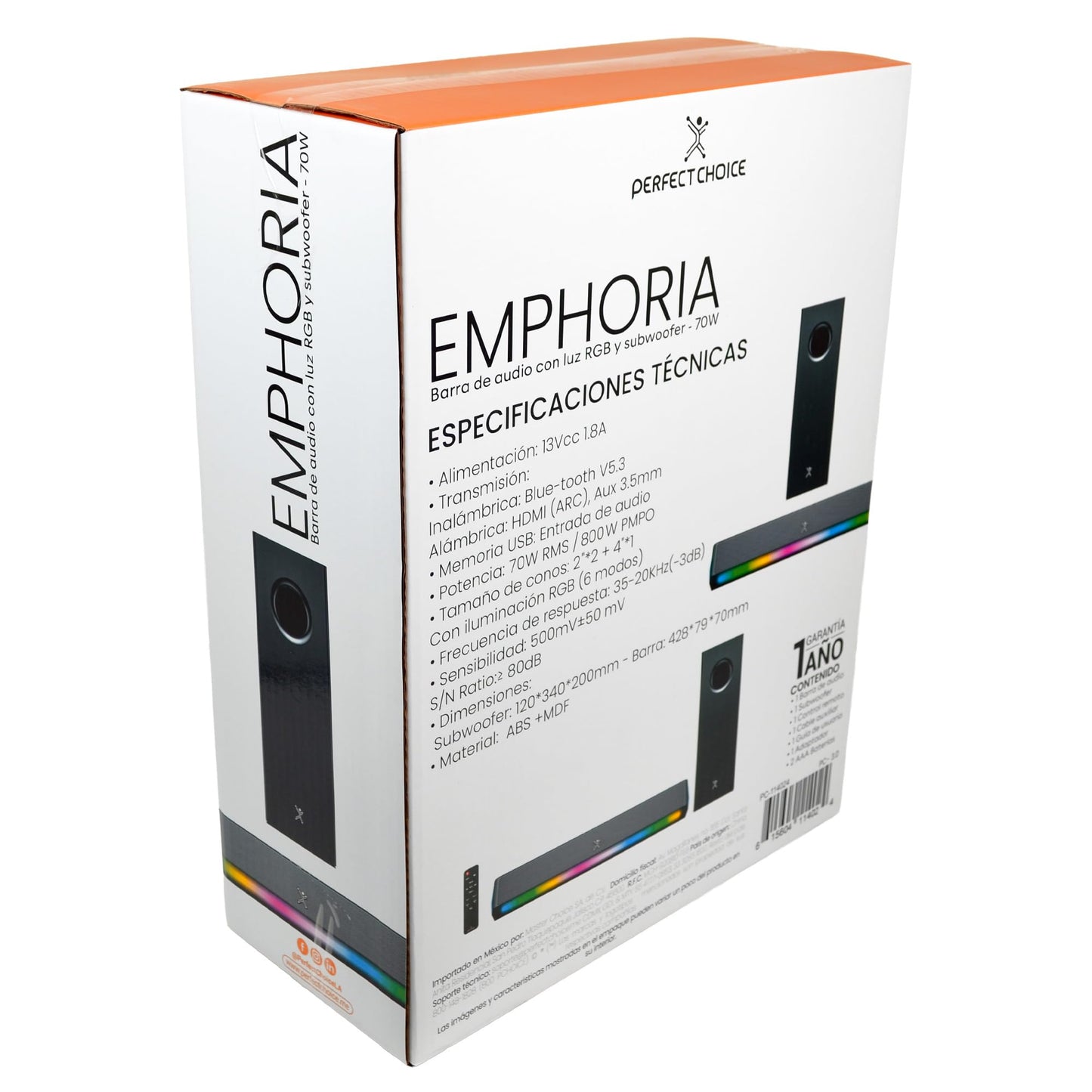 PERFECTCHOICE Barra de Audio con luz RGB y Subwoofer 70W Circuito Amplificador PC-114024 Emphoria