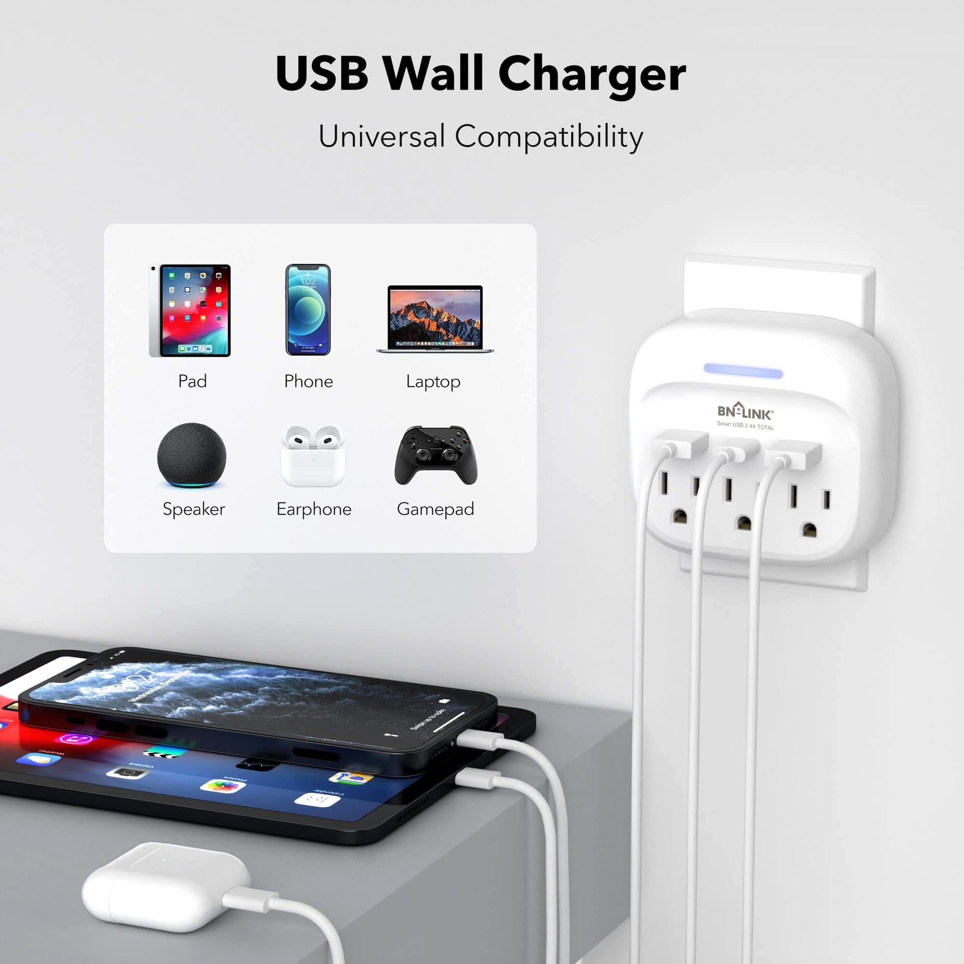BN-LINK - Extensor de enchufe múltiple con USB, salida protectora de sobretensiones con 3 divisores de salida de CA y 3 puertos USB (1 USB C), toma de pared múltiple para recámara, escuela, viajes