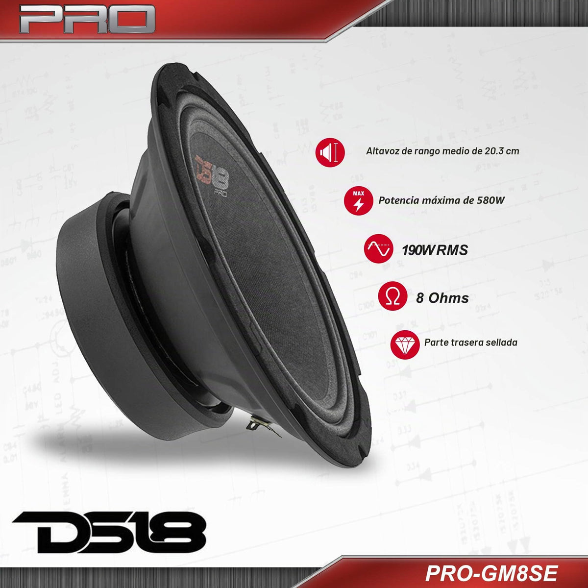 Altavoz Medio Rango 8 Pulgadas DS18 Rojo, Respaldo Sellado, 480 Watts Max, 140 Watts RMS, 8 Ohmios