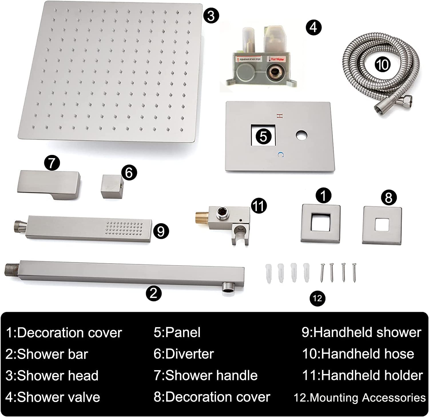 Grifos Ducha Empotrados Set- UCMDA Sistema de Ducha Mezclador, Conjunto de Ducha, Cabeza de Ducha Cuadrada de 10 Pulgadas y Rociador Ducha Mano Incluida Válvula Empotrada Kit (Nickel Cepillado)
