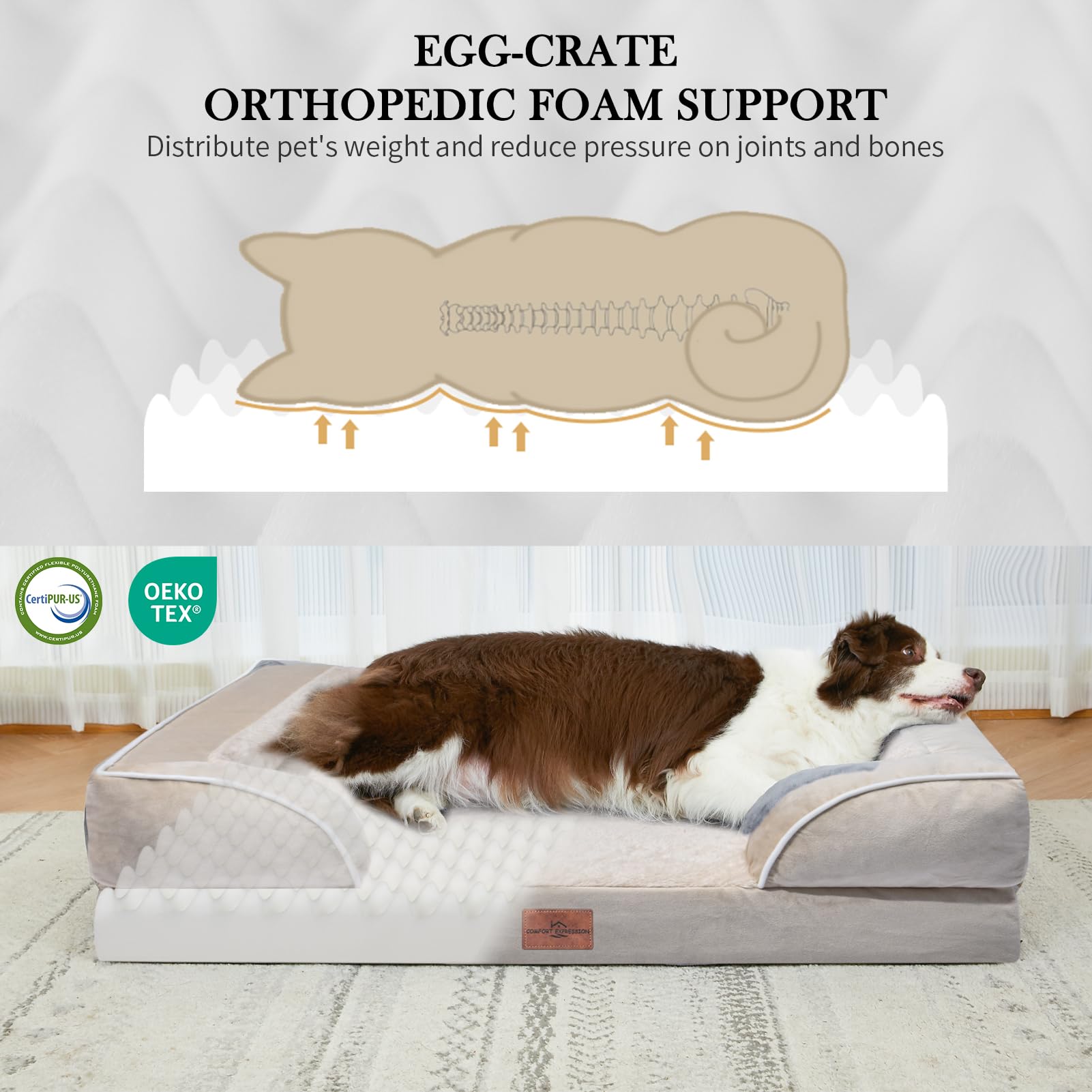 Comfort Expression - Camas grandes para perros impermeables de espuma ortopédica para perros, cómoda cama para mascotas con funda extraíble lavable y parte inferior antideslizante (L, beige)