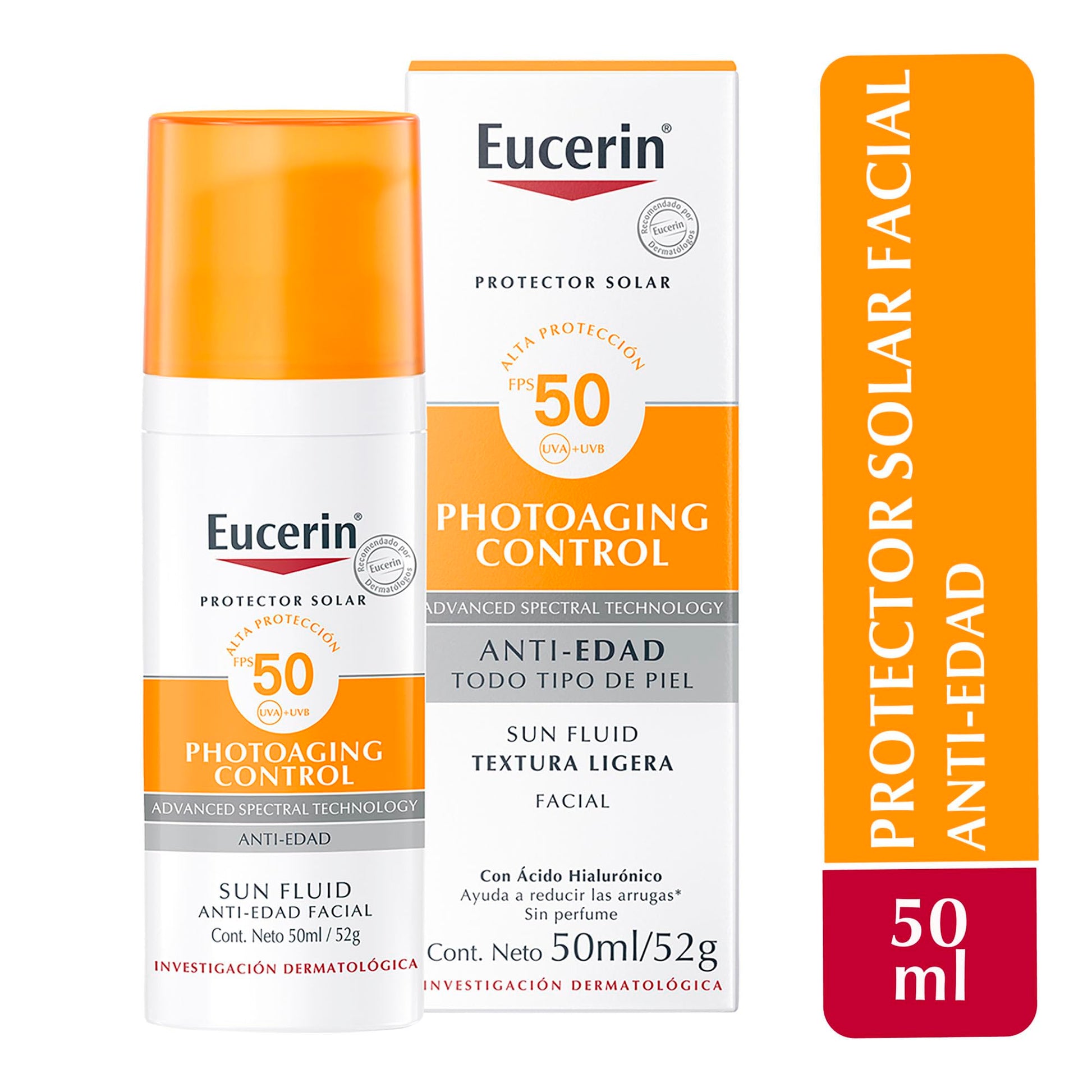 Protector Solar Facial Eucerin Sun anti Edad con Ácido Hialurónico FPS 50+