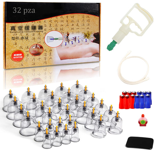 Juego de terapia de ventosas, juego de ventosas de 32 piezas, kit de ventosas profesional con tabla Gua Sha y ventosa de aceite Gua Sha, ventosa con bomba para aliviar la celulitis