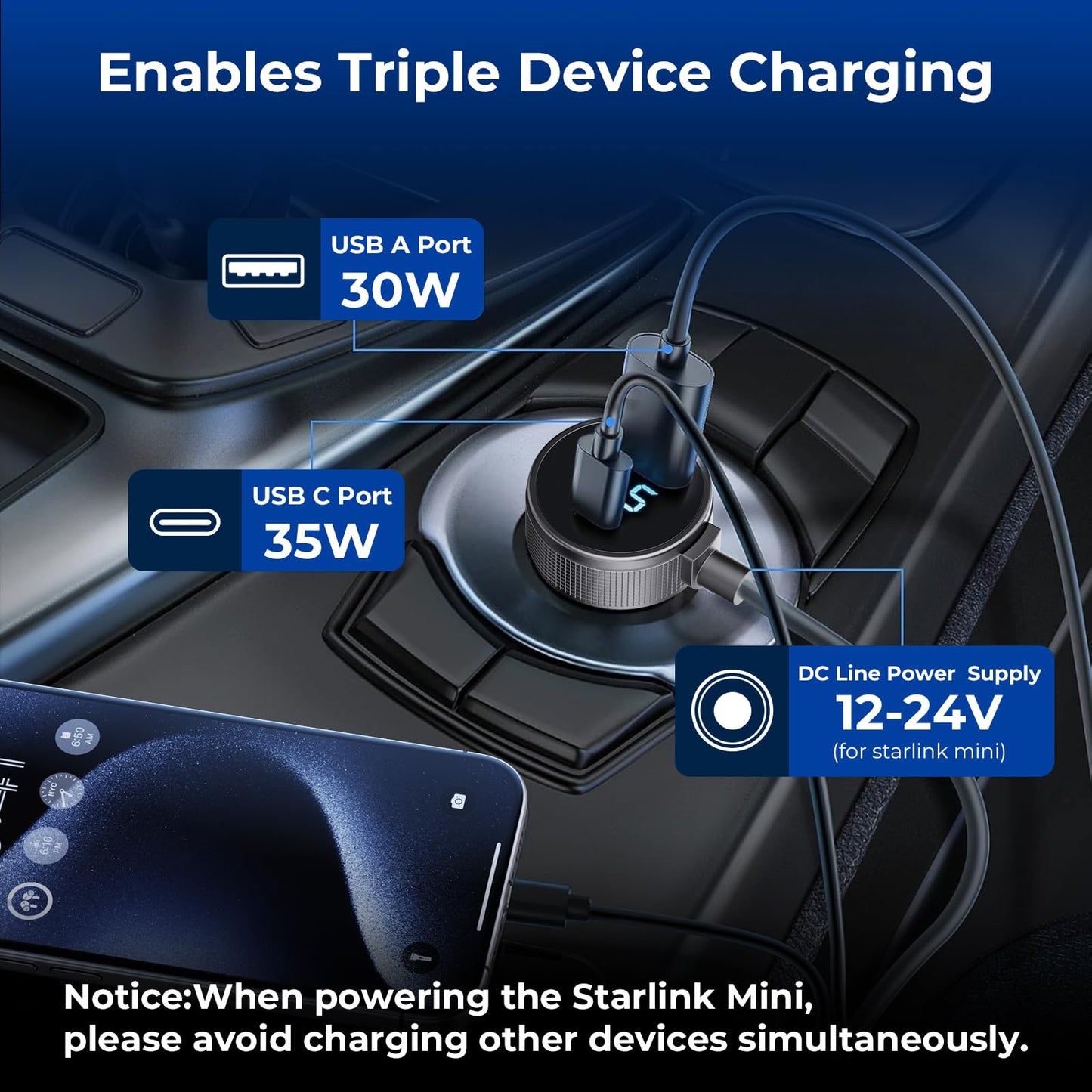 Starlink Mini Cable 3 en 1 Starlink Mini cargador de coche Cable de alimentación CC + adaptador de encendedor de cigarrillos de 12 V-48 V con visualización digital, USB C PD duradero de 40 W y puertos