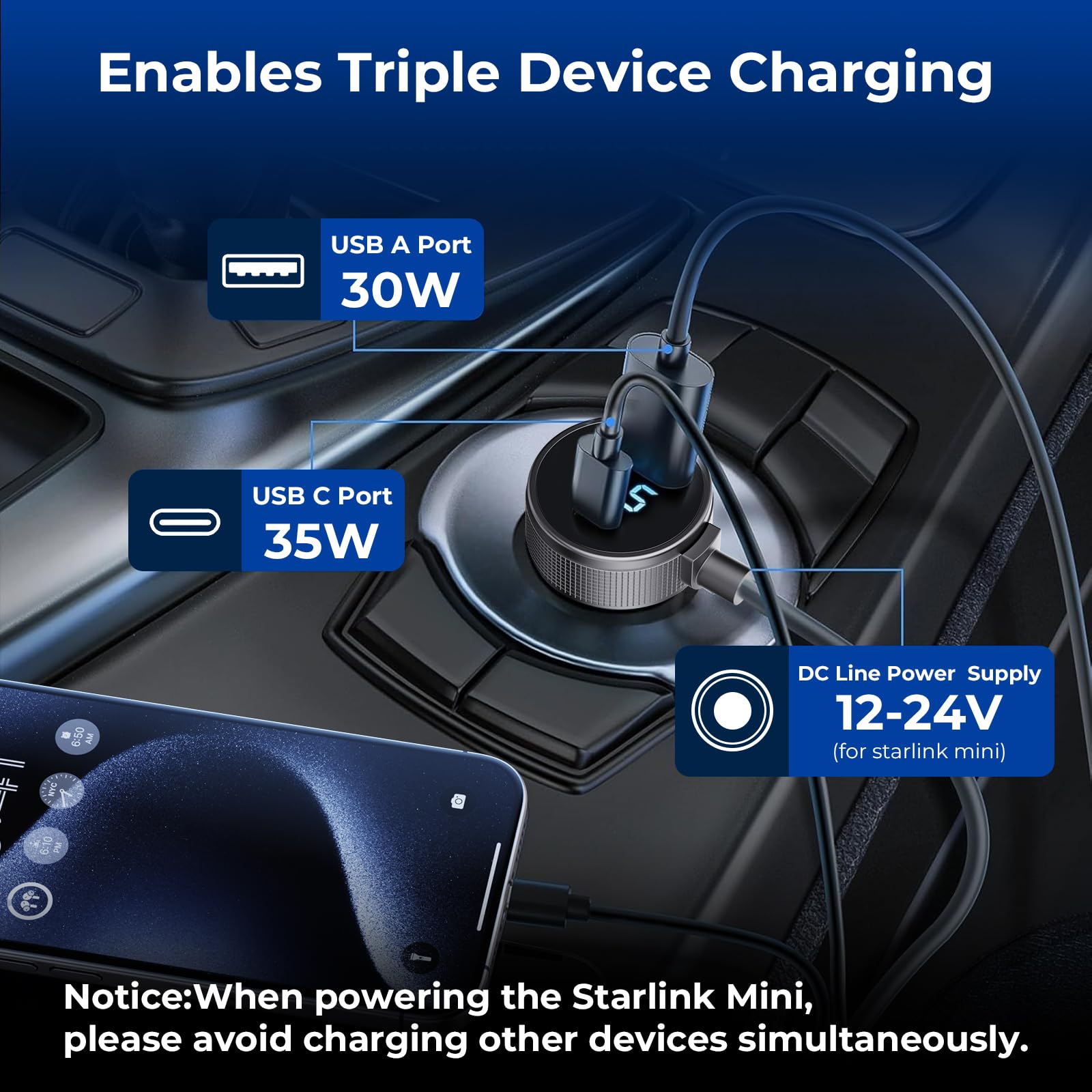 Starlink Mini Cable 3 en 1 Starlink Mini cargador de coche Cable de alimentación CC + adaptador de encendedor de cigarrillos de 12 V-48 V con visualización digital, USB C PD duradero de 40 W y puertos