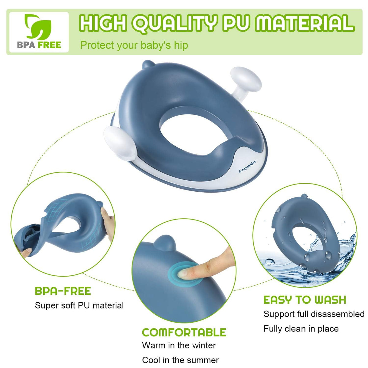 Angelbliss Asiento de inodoro infantil, para entrenamiento de Baby Potty, asiento de inodoro para niños y niñas, doble acolchado antideslizante, con asa y protección contra salpicaduras (Azul)