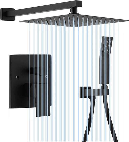 KUNEM Grifos Ducha Empotrados Set - Dos funciones Grifos regaderas para baño, Cabezal Ducha de Lluvia de Alta Presión Cuadrada de 10 Pulgadas y Rociador Ducha de mano, Incluida Válvula Empotrada Kit.
