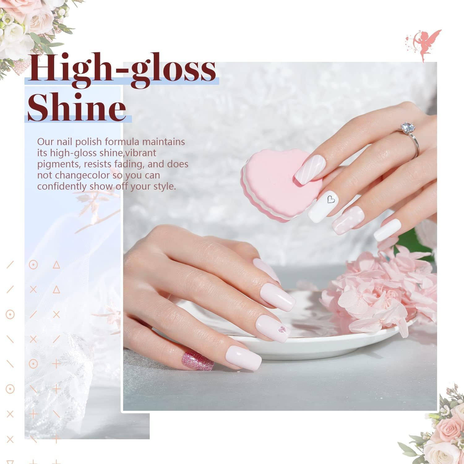 Beetles Juego de esmalte de uñas de gel romántico para boda, regalo de día festivo, día de San Valentín, 6 colores clásico francés blanco suave rosa con purpurina para dama de honor, kit de esmalte de uñas en gel para remojar el esmalte de gel UV, kit de