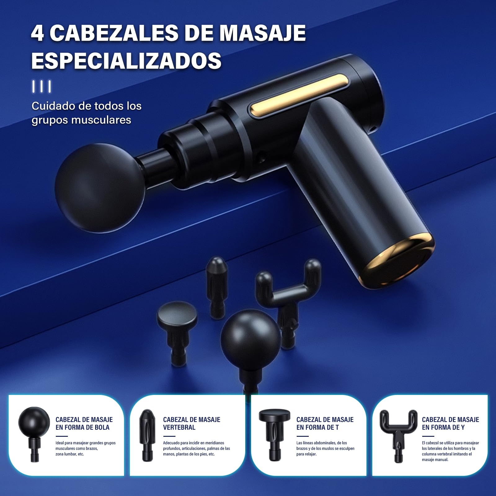 YOYOBBE Pistola de Masaje Muscular con 4 Cabezas, Masajeador Portátil Muscular, Mini Masajeador de Tejido Profundo, Carga USB, para Hombros, Cuello, Espalda