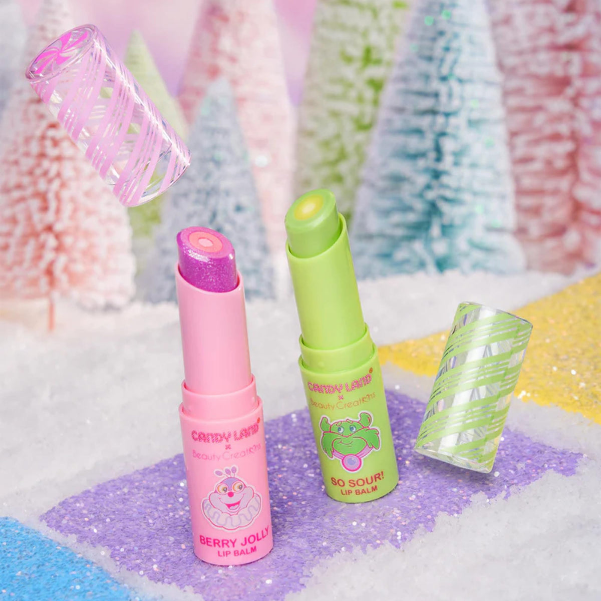 Beauty Creations - Set de Bálsamos Labiales, Candy Land Triple Treat, con Vitamina E, Jojoba y Manteca de Karité, Aromas Dulces y Ácidos, Edición Limitada