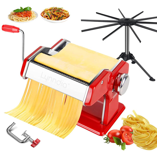 Lynndia Máquina para hacer pasta manual de acero inoxidable, 9 ajustes de grosor ajustables, incluye rodillo de pasta, cortador, mango extraíble y estante de secado de pasta, perfecto para espaguetis